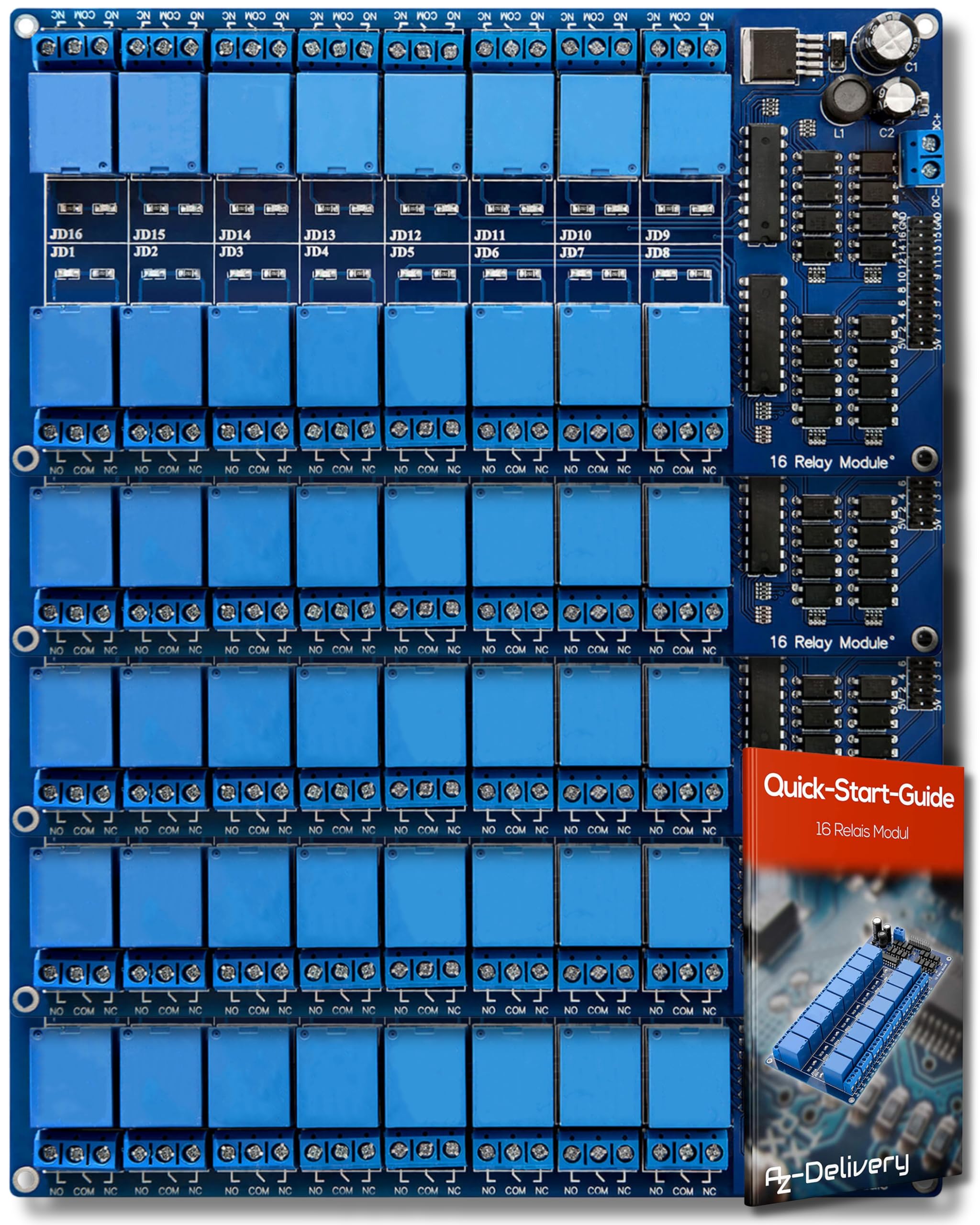AZDelivery 5 x 16 Channel Relay Module DC 12V with Optocoupler Low Level Trigger Relay Module Board compatible with Arduino Including E-Book!