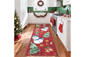 GarveeHome Christmas Runner Rugs for Hallway 2x6 Kitchen Rug Non Slip Low Pile Entryway Rug Xmas Tree & Snowman Bathroom Rugs Stain Resistant Carpet for Bedside Entryway Laundry 2 ft x6 ft Snowman|Red