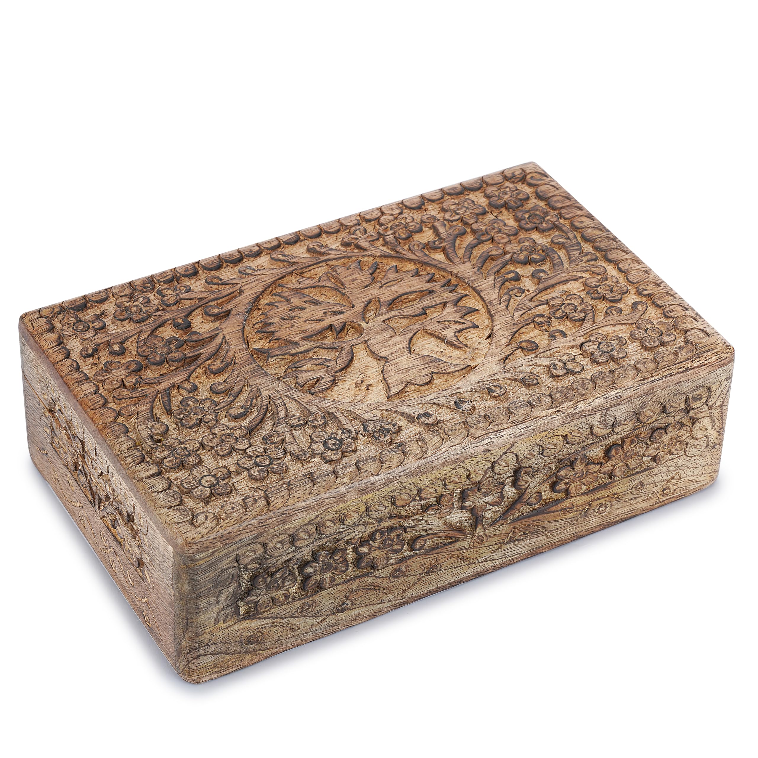 Ajuny Wooden Jewellry Box Tree of Life Carvings Travel Trinket Holder Storage Case Handmade Treasure Box Keepsake Organizer Unique Gifts for Men & Women - 8x5 Inch