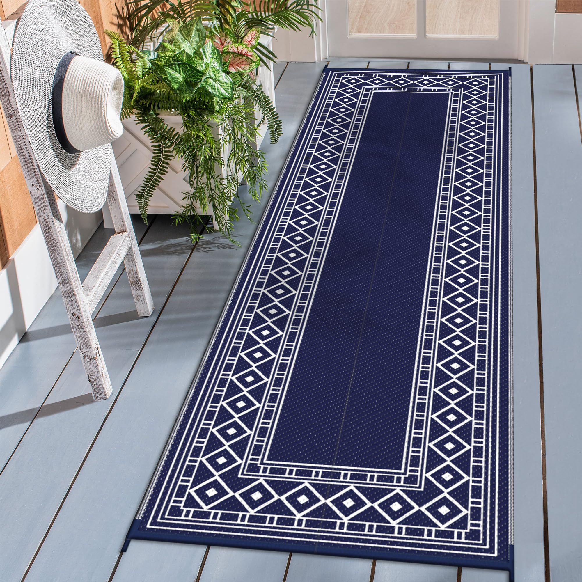 Photo 1 of GENIMO Outdoor Rug Waterproof for Patio, 2.5'x8' Foldable Reversible Plastic Straw Runner Rug Carpet for Porch, Outside Area Mat for Rv, Deck, Picnic, Camper, Balcony, Beach, Blue & White
