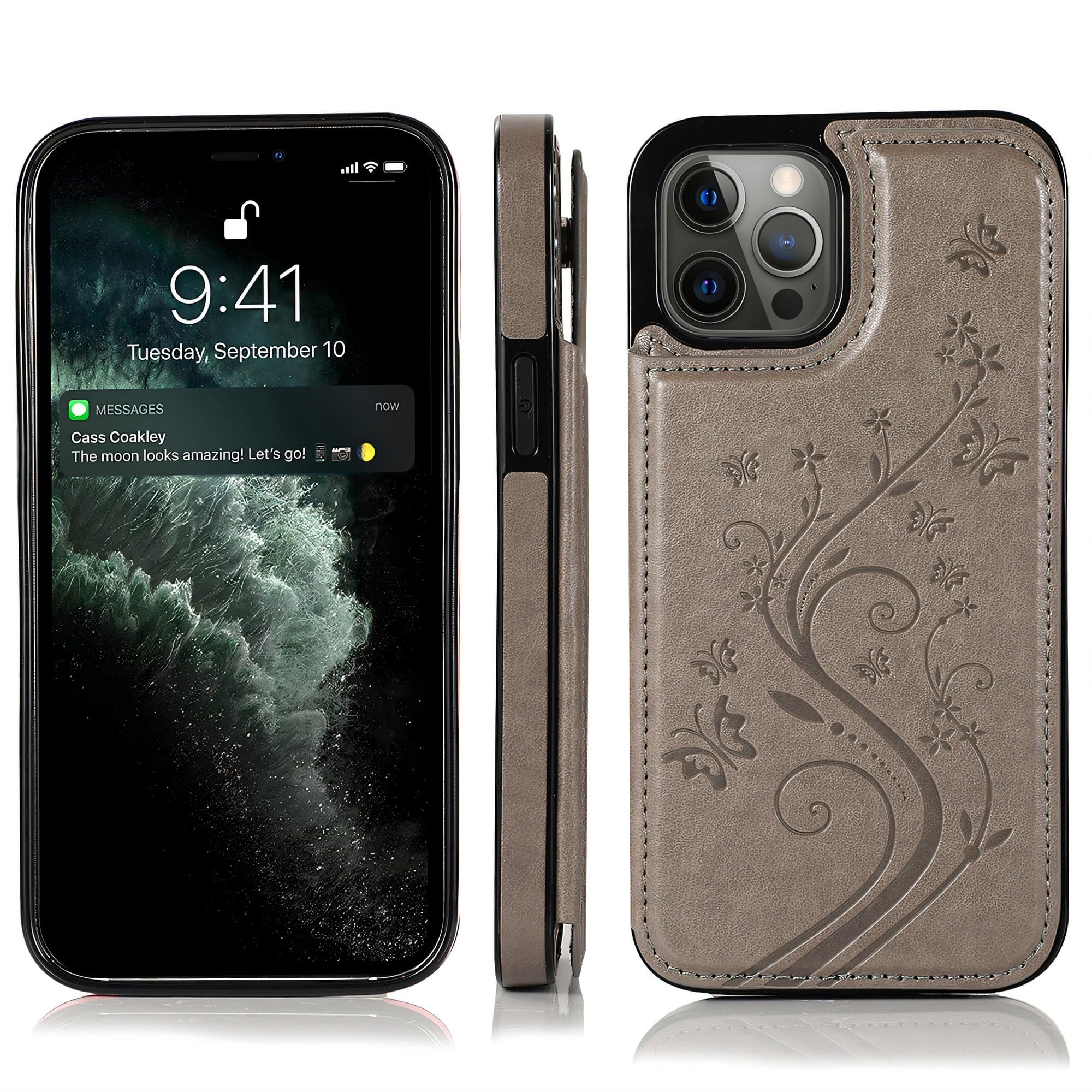 YAOZOCASE for iPhone Case,Retro Slim PU Leather Flower Butterfly Pattern Wallet,Card Holder Slots Full Body Military Grade Protection Soft Shockproof Phone Case (Grey,iPhone 12 Pro)