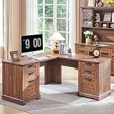 RedLemon 60" Farmhouse L Shaped Executive Desk, Reclaimed Barnwood | Home Office Corner Desk, Charging Station, Storage Cabinet, File Drawer, 3 Box Drawers, Rustic Computer Writing Desk