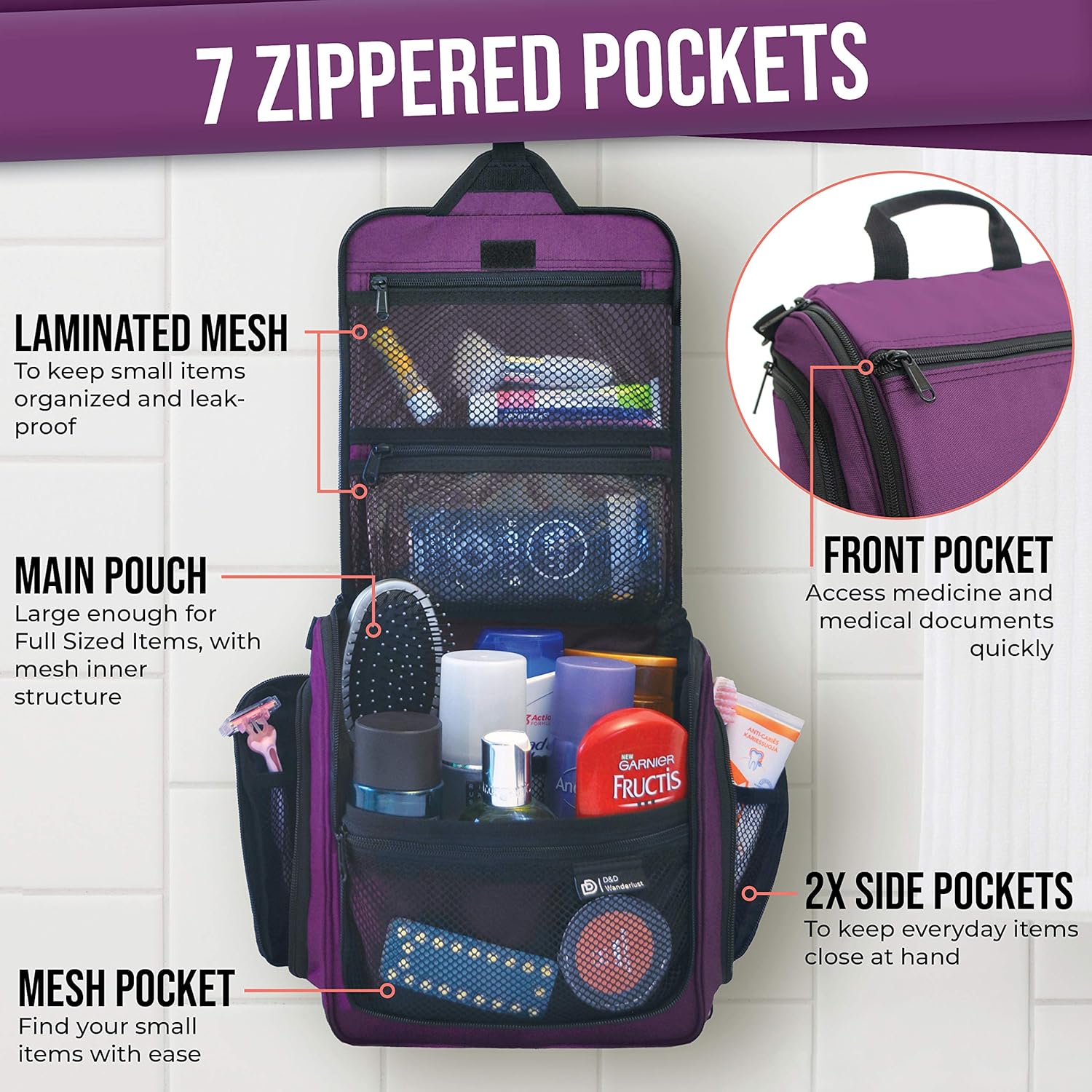 Hanging Travel Toiletry Bag for Women – Large Cosmetics, Makeup and Toiletries Organizer Kit with 19 Compartments, YKK Zippers, XXL Metal Swivel Hook, Water-Resistant Nylon, with Gift Box