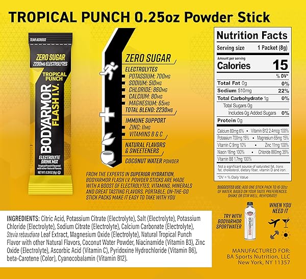 BODYARMOR FLASH IV ELECTROLYTE PACKETS, TROPICAL PUNCH – ZERO SUGAR DRINK MIX, SINGLE SERVE PACKS, COCONUT WATER POWDER, HYDRATION FOR WORKOUT, TRAVEL ESSENTIALS, JUST ADD STICKS TO LIQUID (15 COUNT)