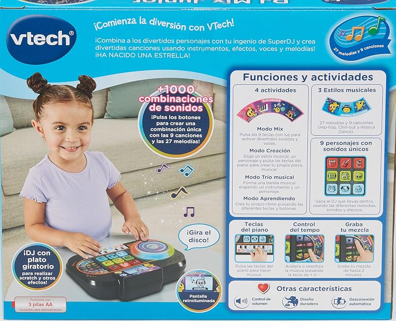 - DJ Mix Mesa de Mistura Infantil Júnior, Brinquedos Eletrónicos para Crianças +3 Anos, Painel Luminoso, Scratch Disc, Piano com 8 Teclas, 9 Canções, 27 Melodias e Minijogos, Versão ESP