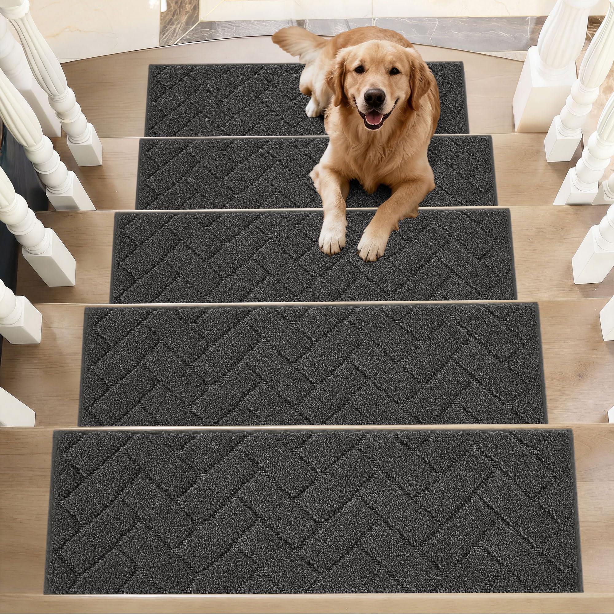 BEQHAUSE Edging Stair Treads for Wooden Steps 9" x 28", Non Slip Carpet Stair Treads Indoor Stair Runners, Soft Stair Rugs, Machine Washable, 100% Polyester, TPE Backing, 15pcs, Charcoal Image