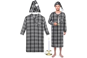 Cuffbow 4 Pcs Christmas Men's Cotton Flannel Nightshirt Set Includes Men Flannel Long Sleeve Nightgown Cap Candle and Holder
