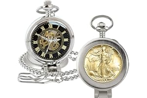 American Coin Treasures U.S. Coin Pocket Watch with Skeleton Movement | Gold Layered Silver Walking Liberty Half Dollar | Sweeping Second Hand, Magnifying Glass | Certificate of Authenticity
