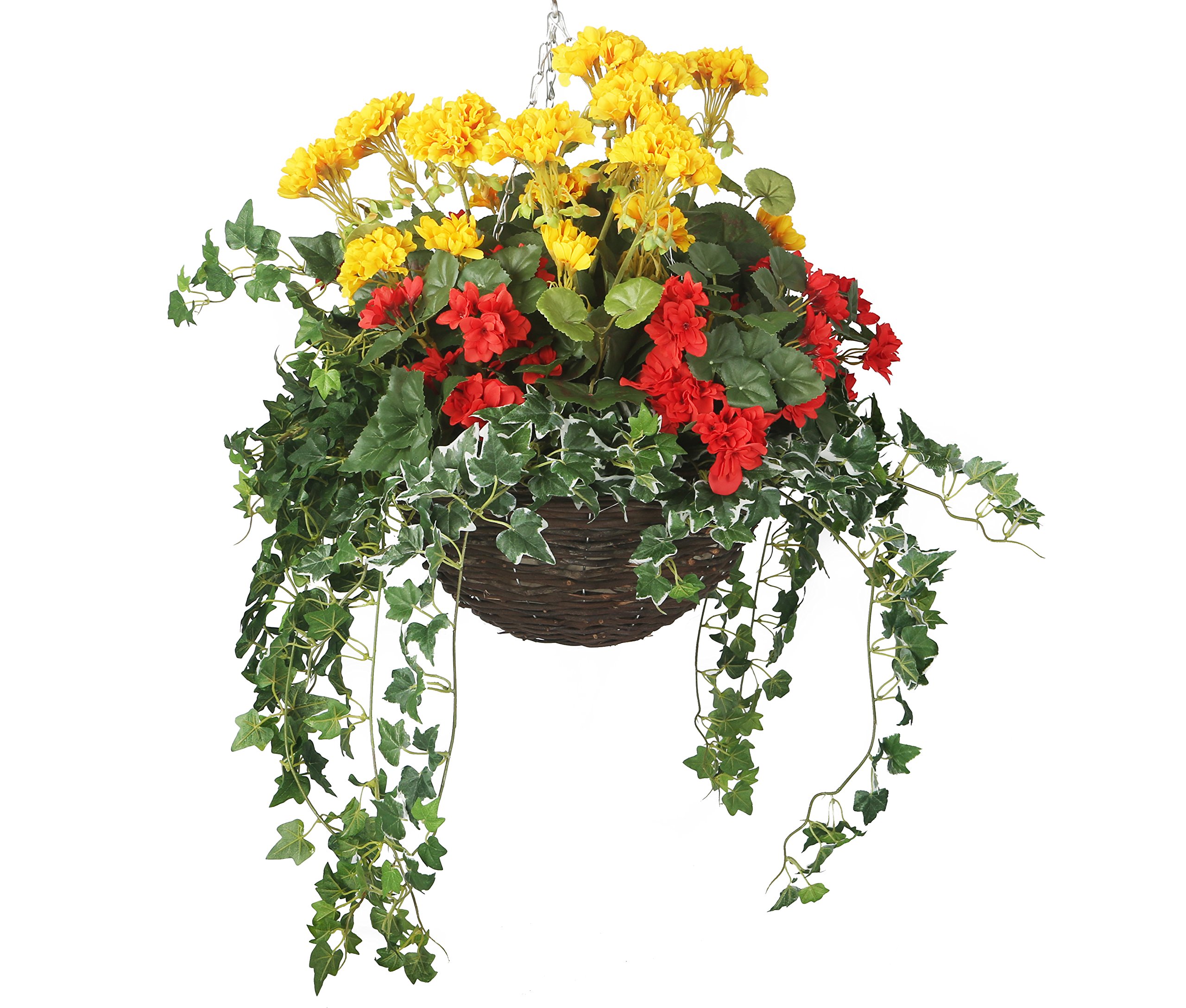 Closer2Nature Artificial Begonia Geranium Display in a 14" Round Willow Hanging Basket, Red and Yellow, Large, HBKNL23