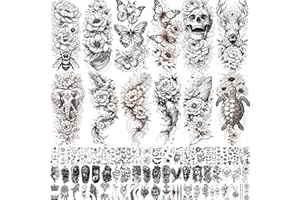 TONEOLDSHU 71 Sheets Rose Peony Flower Temporary Tattoos For Women Adults, Black Florals Half Arm Sleeve Realistic Temp Bulk Fake Tattoo Stickers Butterfly Ship Bee Carp Turtle Elephant Whale Spider Web Skull