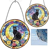 Black Cat Stained Glass Window Hanging, Cat Gifts for Women Moon and Stars Suncatcher with Metal Chain and Hooks, Sun Catcher Glass Art for Indoor Window Decor