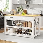 DynJest 47.3" Solid Rubberwood Kitchen Island with Power Outlets, White | Extra-Large Work Surface Island Table, Hooks, 2 Drawers &amp;Open Shelves Storage Cabinet for Kitchen Dining Room,Farmhouse Style