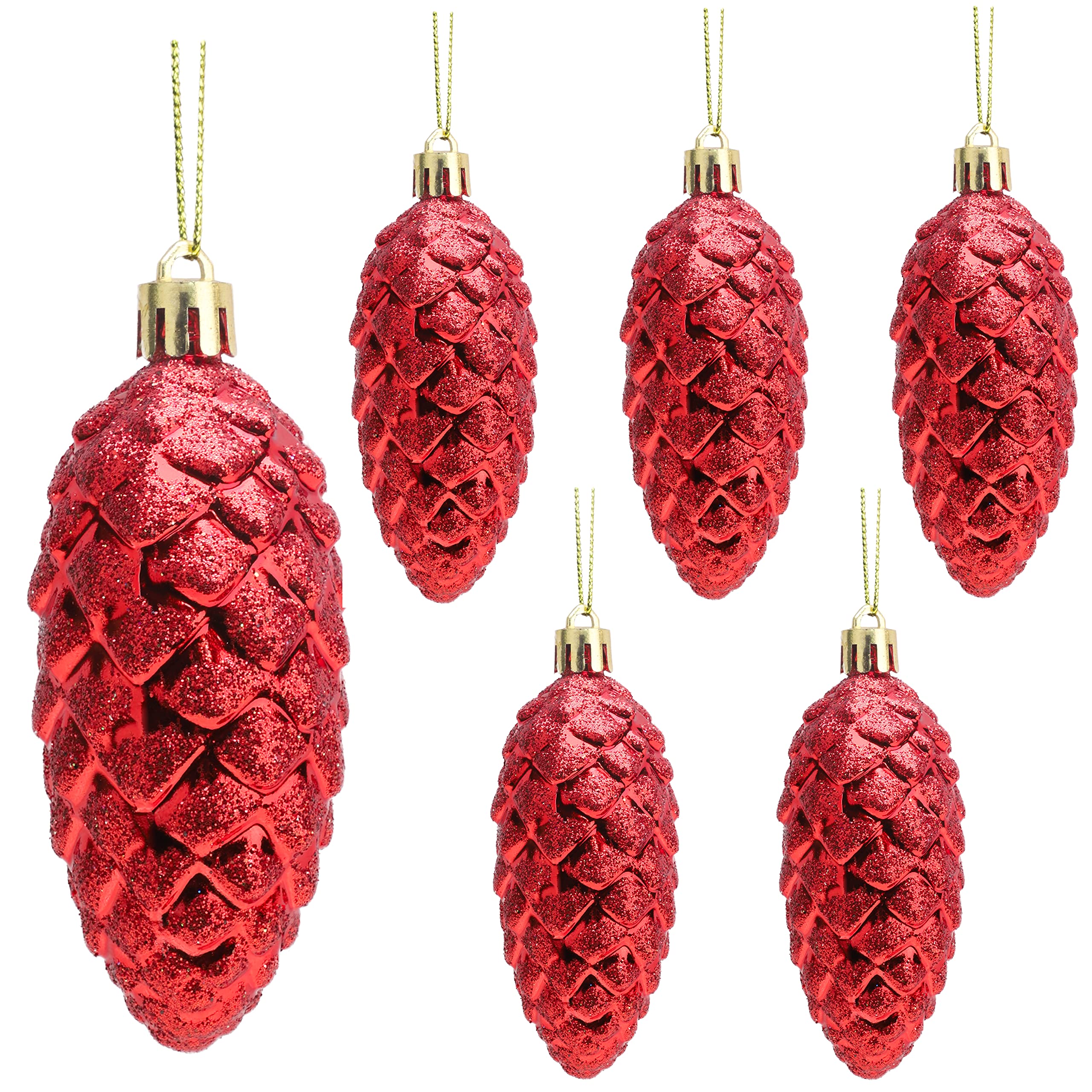 Christmas Concepts® Pack of 6-90mm (3.6") Pine Cone Baubles – Shiny and Glitter Decorated – Luxury Christmas Decorations (Red)
