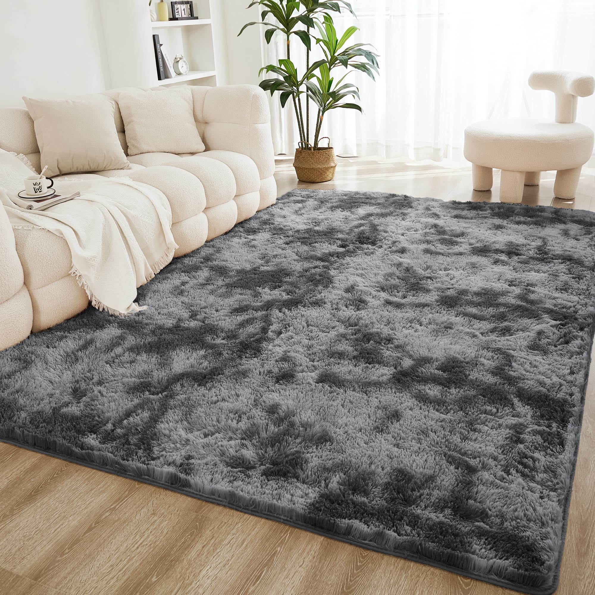 Photo 1 of Litanika 8x10 Shag Area Rug for Living Room Bedroom, Tie-Dyed Dark Grey High Pile Soft Plush Shaggy Furry Bedside Playroom Dorm Carpet, Non-Slip, Non-Shedding Modern Indoor Floor Rug