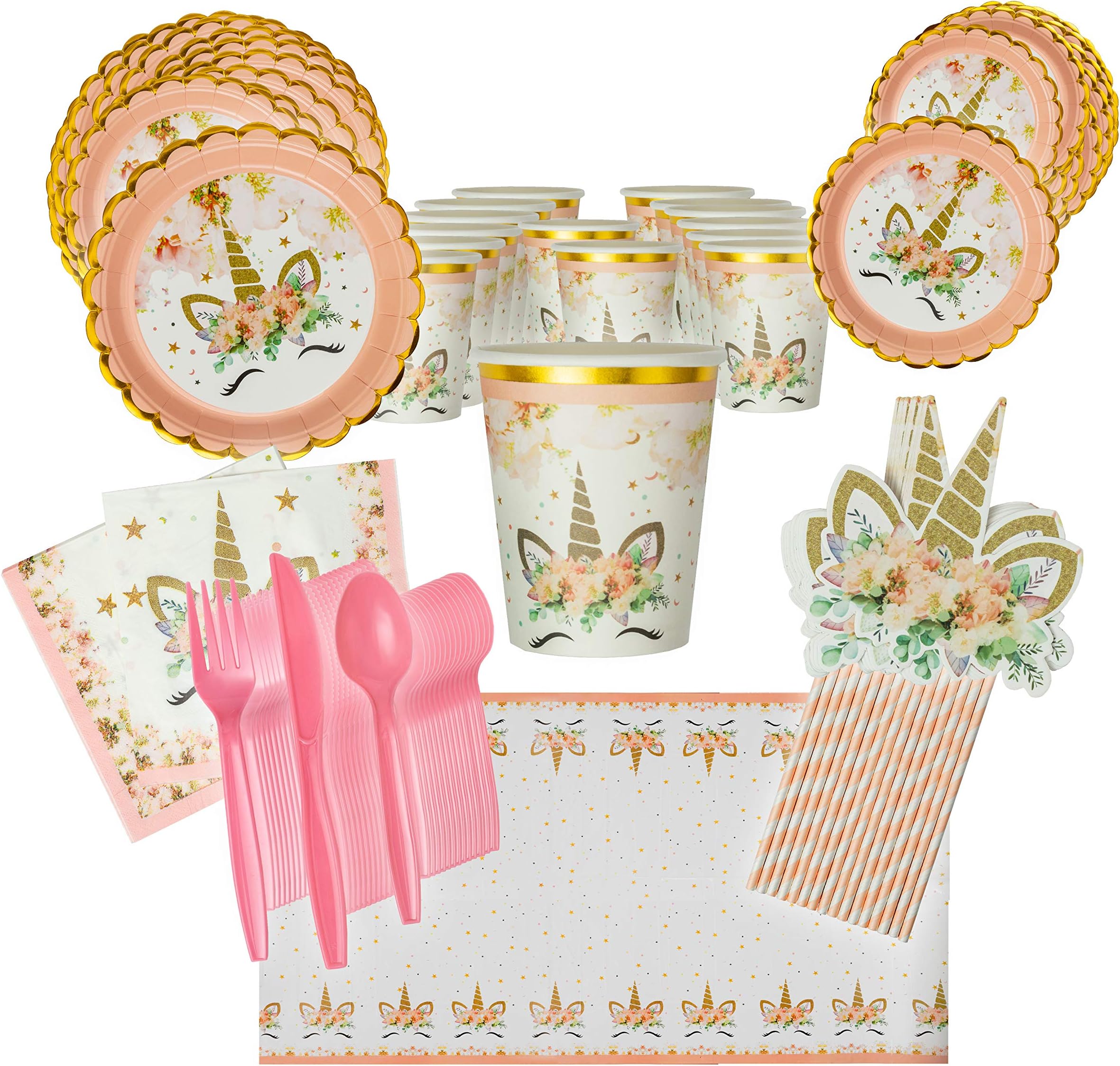 Unicorn Birthday Party Supplies for 16 Guests, Dinner and Dessert Plates, Cups, Napkins, Tablecloth, Pink-Striped Straws, Cutlery - Fun Unicorn-Themed Birthday or Baby Shower Event