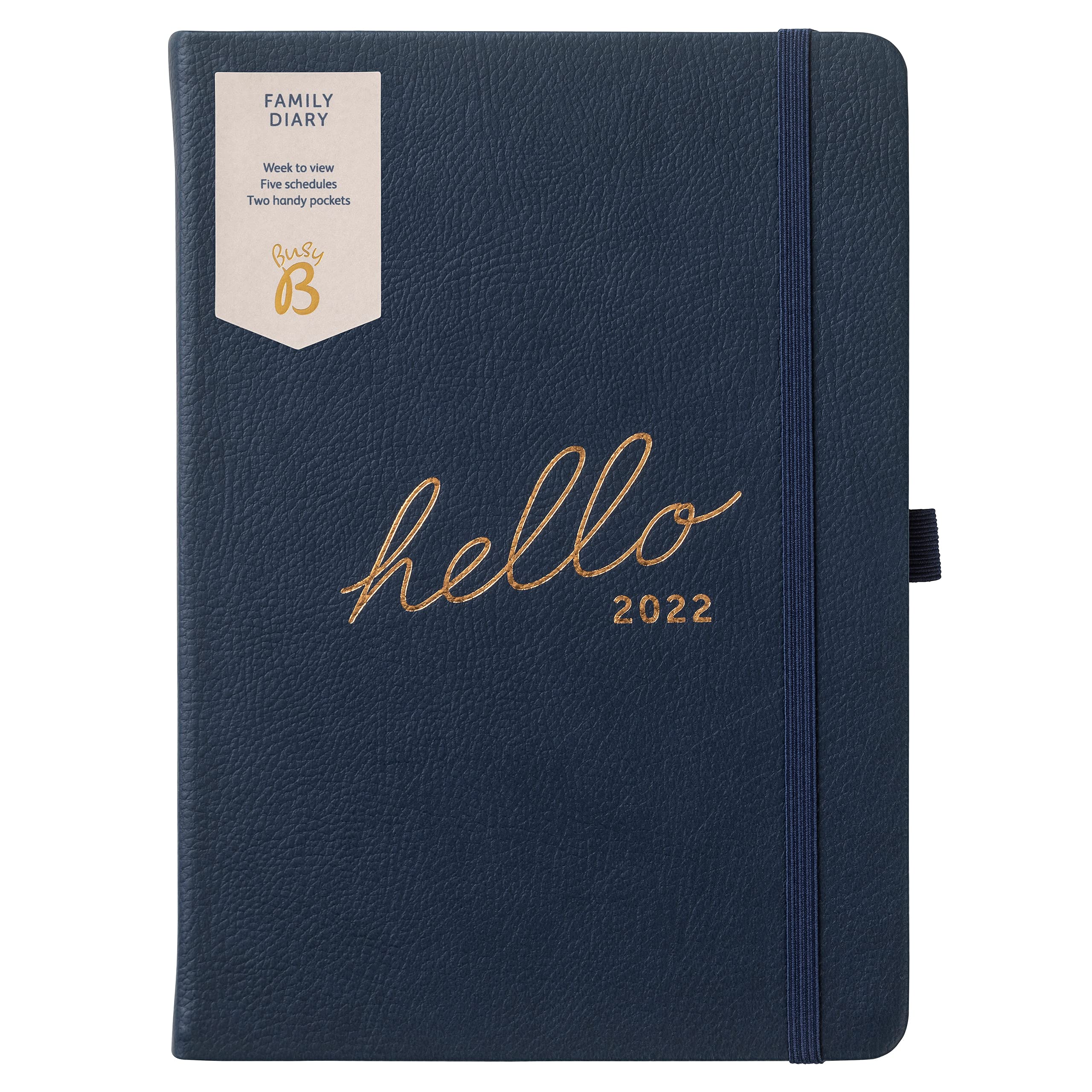 Busy B Family Diary January to December 2022 - A5 Navy Faux Leather Week to View Diary with Space for 5 Schedules & Tear-Out Notes