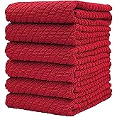 Premium Kitchen Towels (16”x 25”, 6 Pack) | Large Cotton Kitchen Hand Towels | Dish Towels | Diagonal Weave Design | 445 GSM Highly Absorbent Tea Towels Set with Hanging Loop | Red