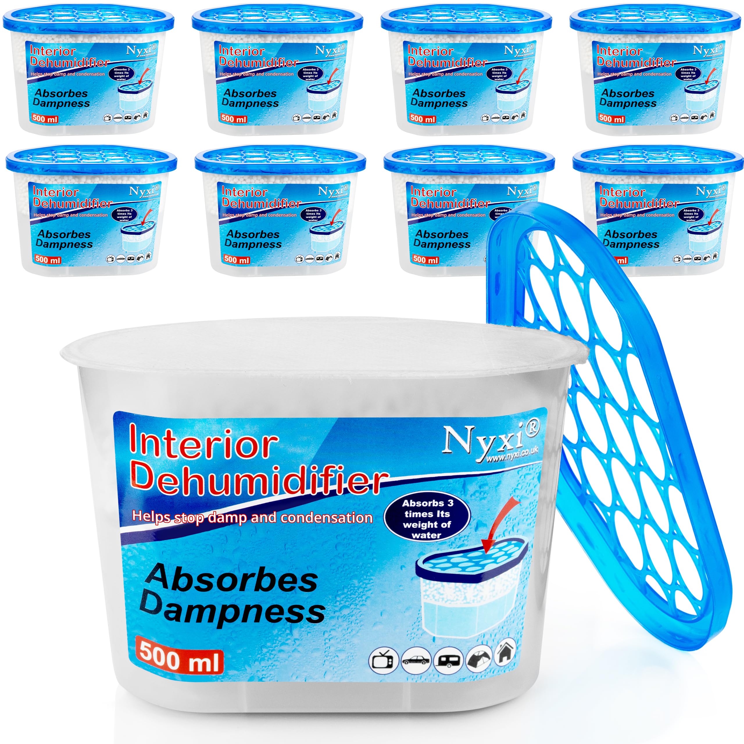 Nyxi Dehumidifier Set of 12 X Interior 500 ml Each Unit - Ideal to Stop Damp & Condensation - for Wardrobe, Home, Kitchen, Garage, Bedroom, Caravan, Office, Basement etc