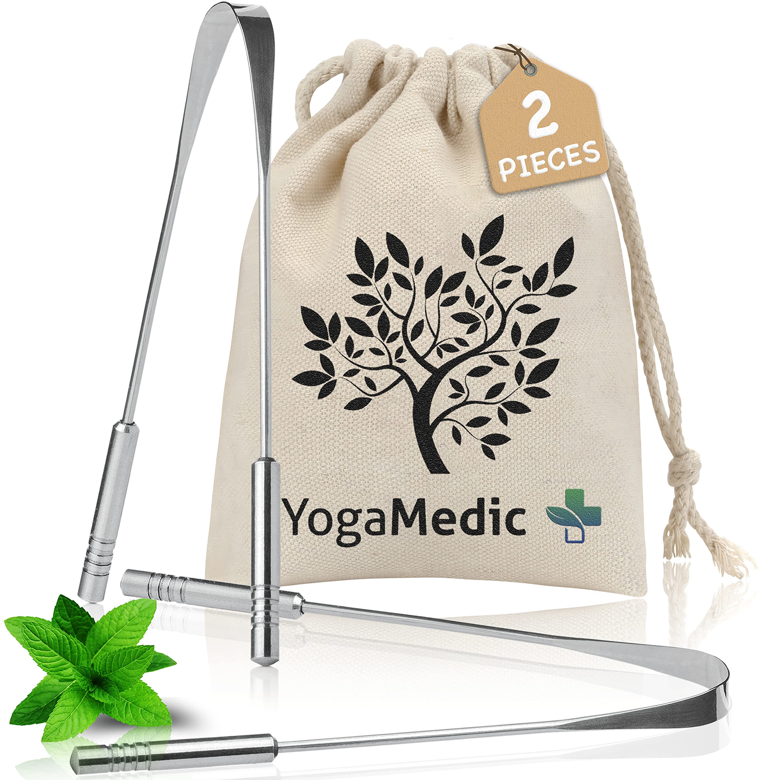 YogaMedic Stainless Steel Tongue Scraper Set (2 Pack) - U-Shaped Metal Tongue Cleaner with Cotton Travel Case - Durable Oral Hygiene Tool for Fresh Breath Management - Self-Care Kit for Adults & Kids