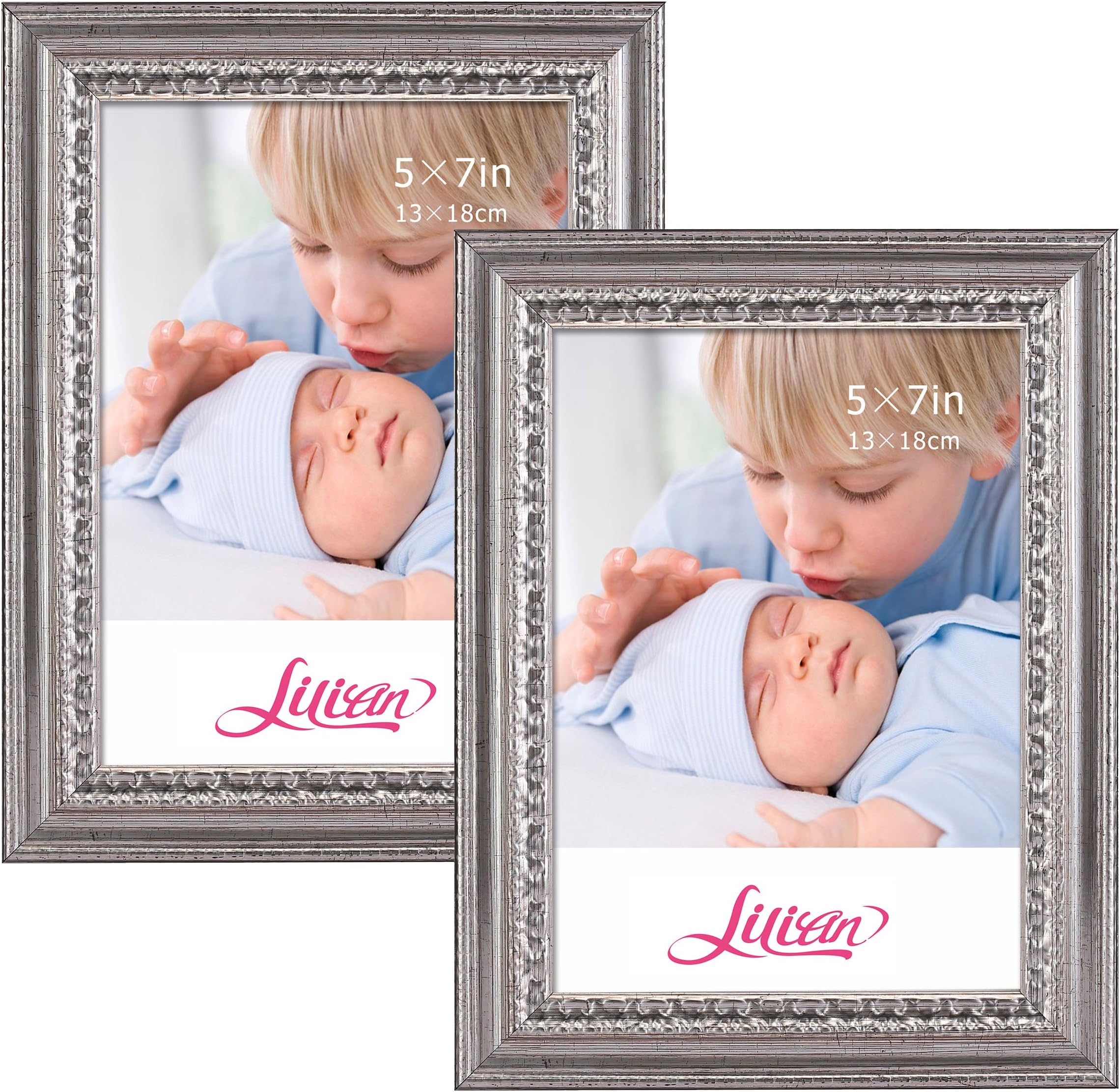 Lilian 6x6 Inch Bright Silver Tridimensional Lace Picture Frame, Made to Display Picture 4x4 with Mat or 6x6 Without Mat(2-Pack)