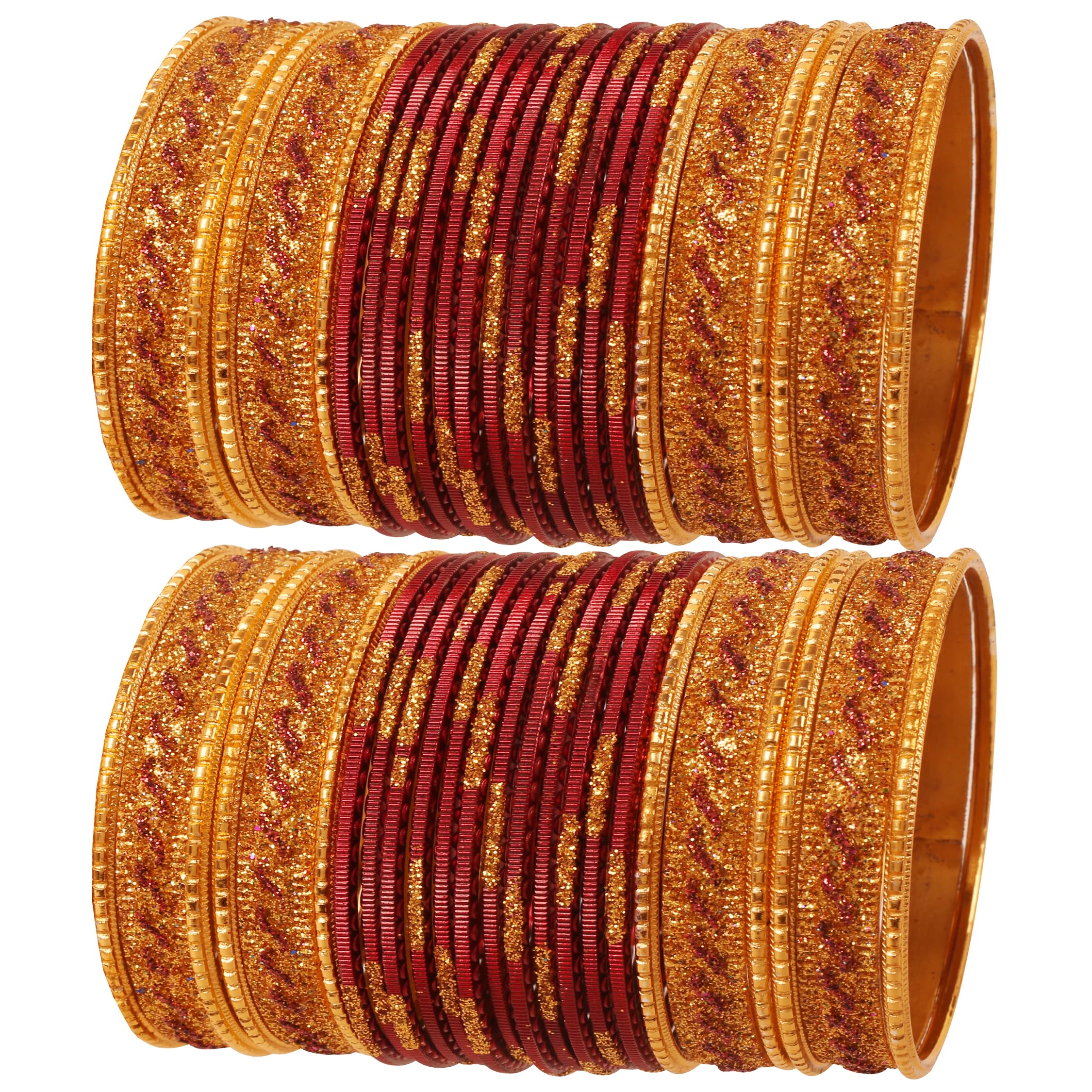 Touchstone NEW Indian Bollywood Glamorous Fashion Wrist Enhancing Shimmering Golden Glitters Textured Maroon Color Designer Jewelry Bracelets Bangle Chura. Set Of 48 In Gold Tone For Women.