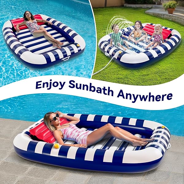 POOL WAVE INFLATABLE POOL LOUNGER FLOATS W/WATER SPRINKLER, 80″ X 66″ LARGE TANNING BED FOR ADULT KIDS, OUTDOOR SUN BATHING FLOATING BLOW UP RAFT W/PILLOW, SUMMER BEACH LAKE FAMILY PARTY GIFT – BLUE