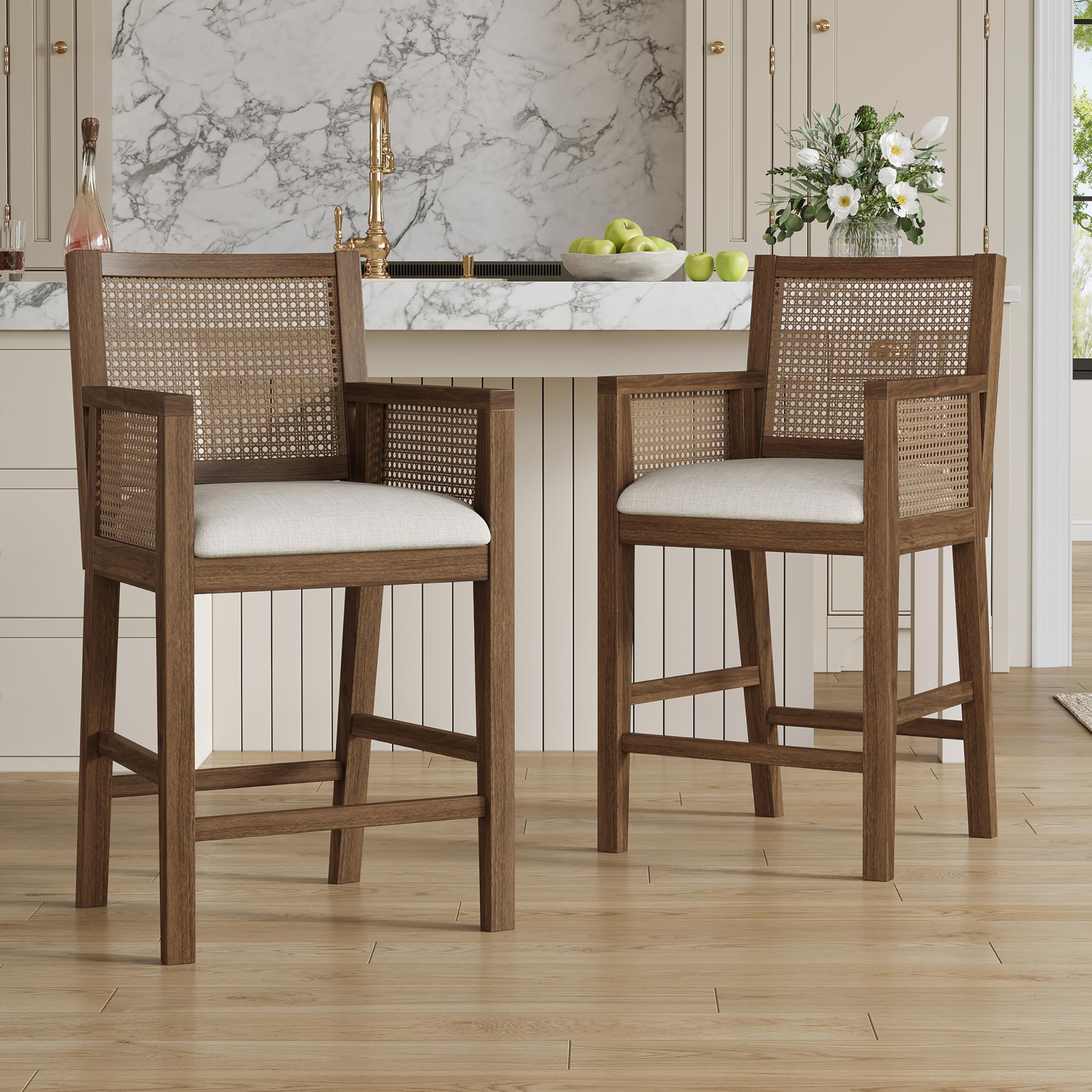 Photo 1 of Merax Natural Rattan Counter Stools with Upholstered Cushion Set of 2, 26" Seat Height Counter Chairs with Solid Wood Frame & Handwoven Backrest, French Country Barstools for Kitchen Island, Brown