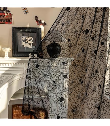 2 Pièces Rideaux Fenêtre Dentelle Noire Halloween - Décoration Porte Chauves-Souris Araignées, Ambiance Effrayante 40x84 Pouces