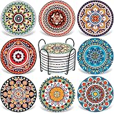Coasters for Drinks,AODINI Set of 8 Absorbent Stone Coasters for Wooden Table, Mandala Ceramic with Cork Base, Gift for Housewarming Birthday and Family - Great Home and Dining Room Decor