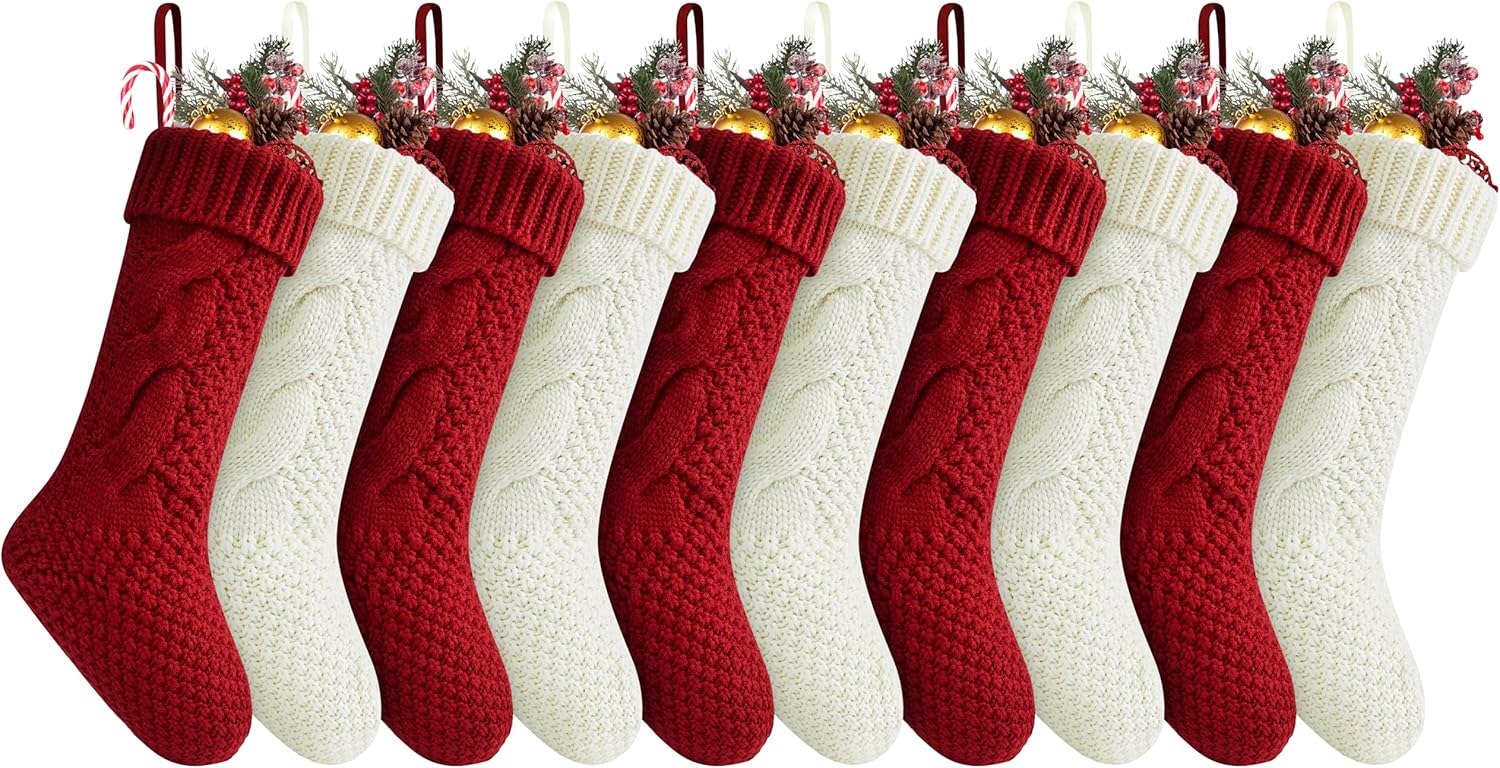 Stockings & Holders - Fesciory Christmas Stockings 10 Pack, 18 Inches Large Size Twist Knitted Stockings Gifts for Xmas Family Holiday Party Decorations, Burgundy&Ivory White