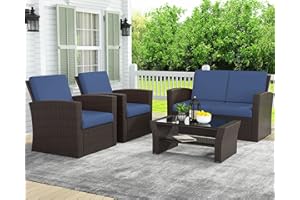LayinSun 4 Piece Outdoor Patio Furniture Sets, Wicker Conversation Sets, Rattan Sofa Chair with Cushion for Backyard Lawn Garden