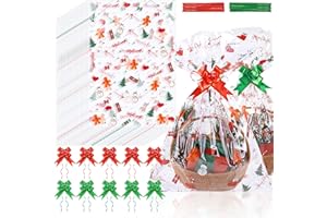 MIMIND 36 Pieces Christmas Large Basket Bags Clear Cellophane Bags 20 x 28 Inch Red Green Basket Bags Clear Thickened Gift Cookie Bags with Red Green Twist Ties, Bows Ribbon for Christmas Gift Baskets