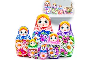 AEVVV Matryoshka Dolls Set of 7 pcs - Russian Dolls in Rainbow Sarafan Dress with Meadow Flowers - Traditional Nesting Dolls with Flower Decorations