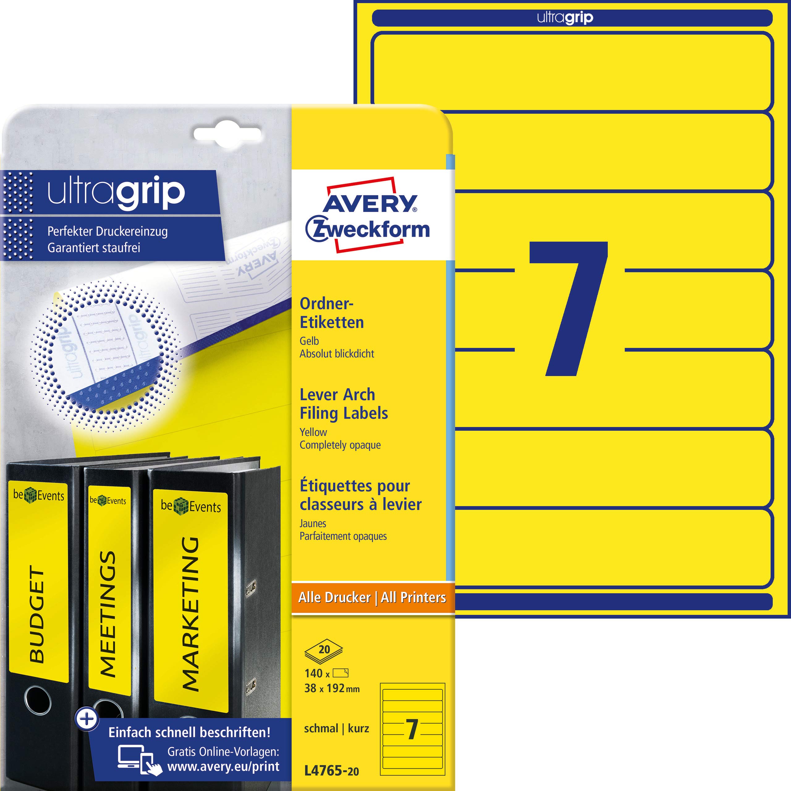 Avery Zweckform, L4765-20, Filing Labels, 20 Sheets, for Slim Ring Binders, like Leitz, Elba, Esselte, Mehle, Herlitz, Bene, 192 x 38 mm