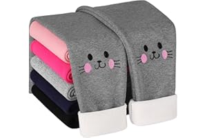 HIAHIF 1 Pair Girls Winter Fleece Lined Leggings Kitty Print Thick Warm Thermal Leggings Cotton Girls Full Length Pants