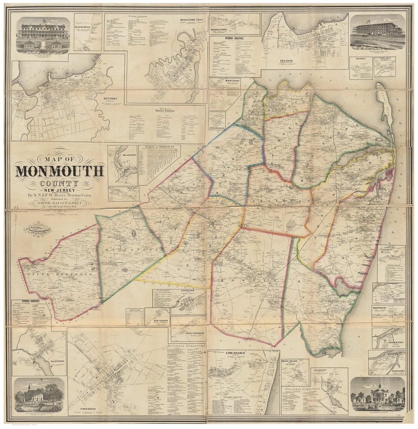 Monmouth County New Jersey 1861 Wall Map with Homeowner