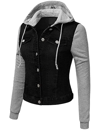 black denim with grey hooded jacket