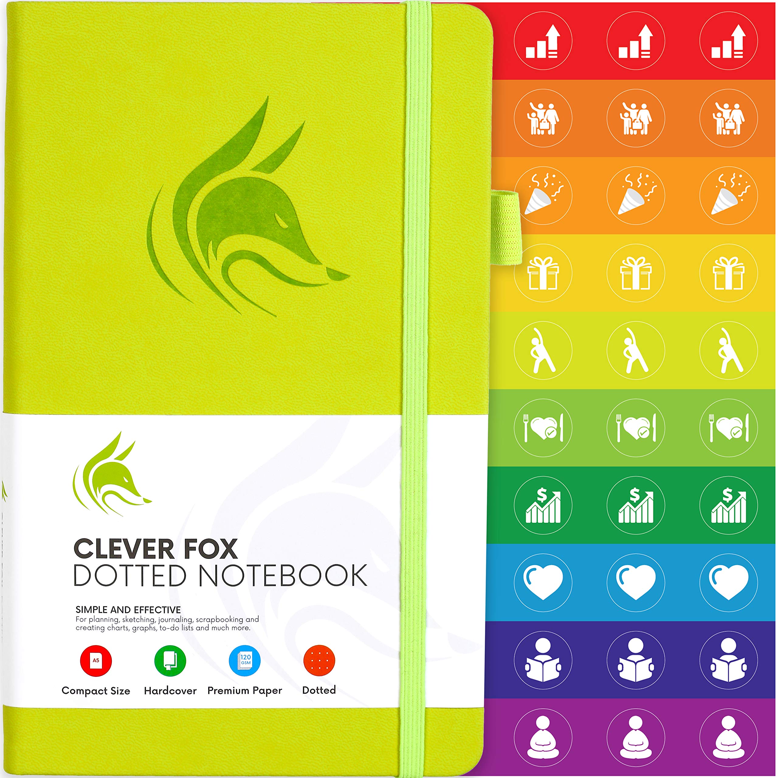 Clever Fox Dotted Notebook – Dot Grid Bullet Numbered Pages Hard Cover Notebook Journal With Thick 120g Paper and Pen Loop, Stickers, 3 Bookmarks, Smooth Faux Leather, 5'' x 8.25'' - Neon Yellow