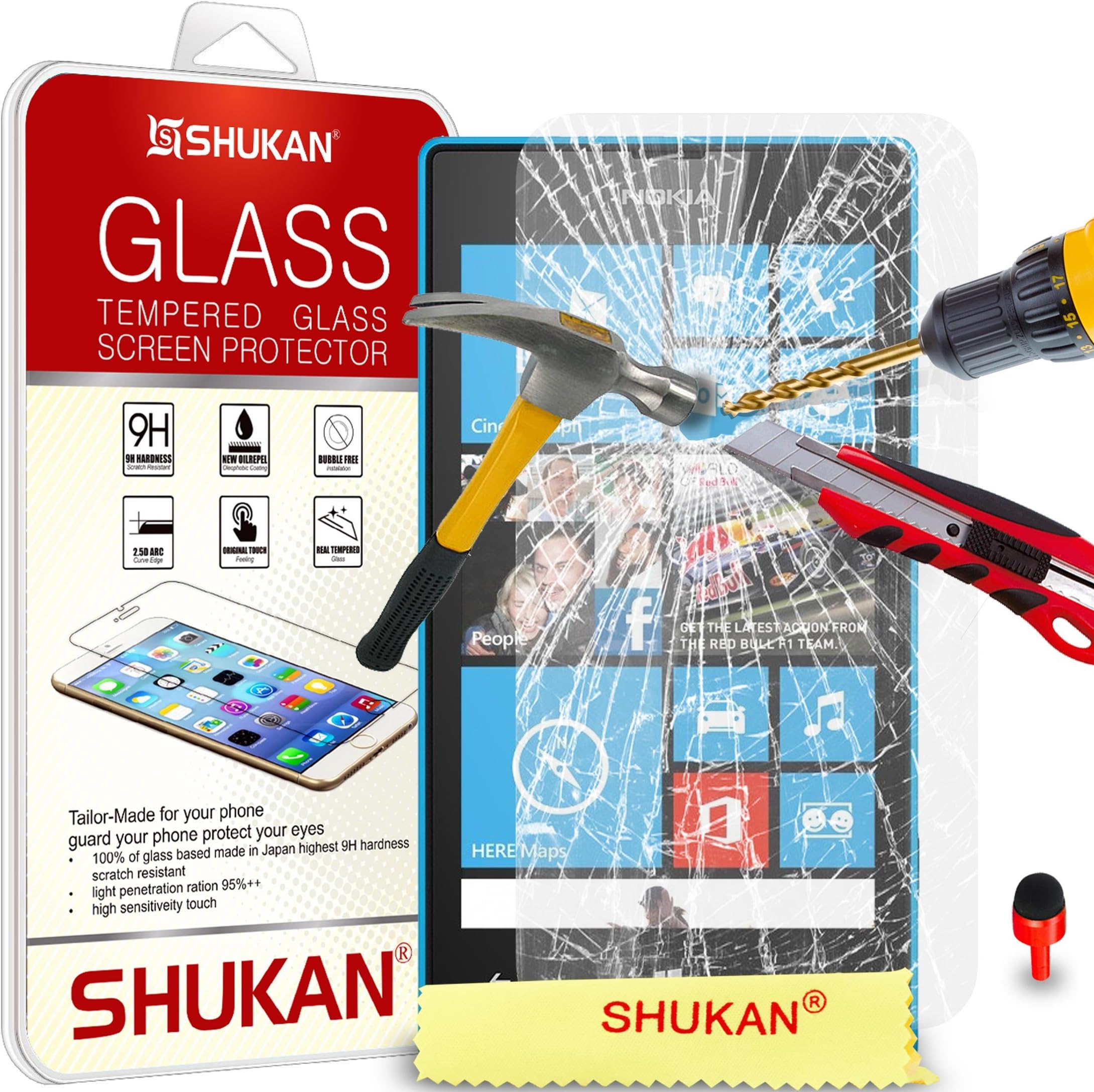 FOR Microsoft Lumia 435 - SHUKAN® Premium Tempered Glass Crystal Clear LCD Screen Protector Guard & Polishing Cloth RED 2 IN 1 Dust Stopper [TG501 - SVL4]