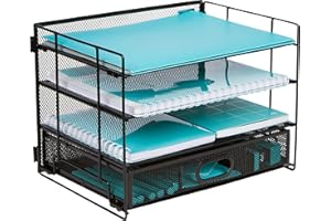 DASHER PRODUCTS Mesh Office Organizer for Desk – Desk Organizer with 4 Tiers and Sliding Drawer for Storing Office Supplies, Files, Folders, Pens, Pencils. Black Desktop Organizers for Home or Office Storage (4 Tier)
