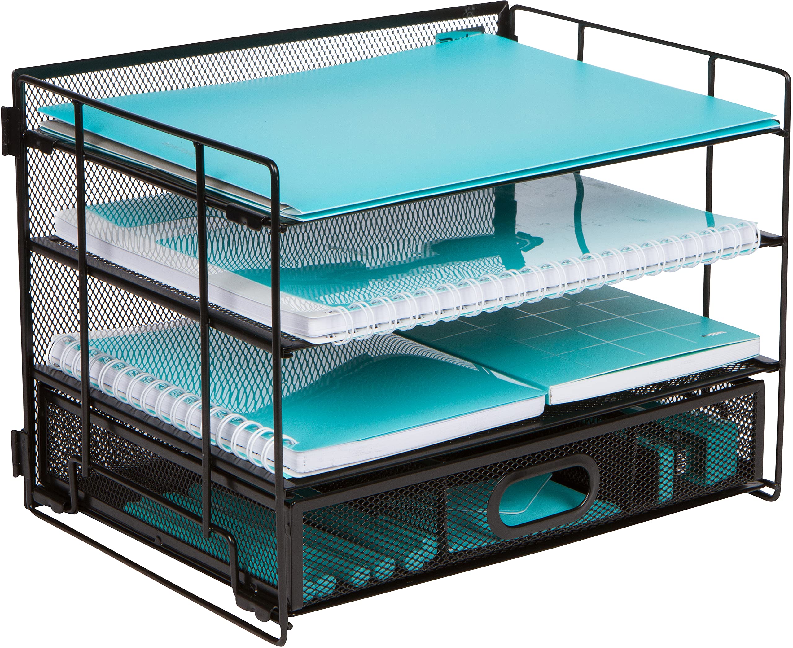 Mesh Office Organizer for Desk - Desk Organiser with 4 Tiers and Sliding Drawer for Storing Office Supplies, Files, Folders, Pens, Pencils. Black Desktop Organization for Home or Workspace Storage