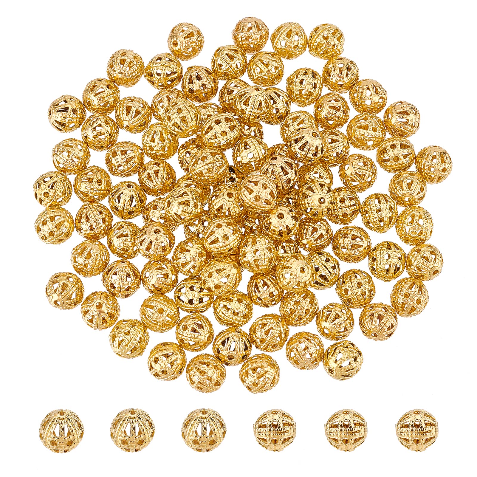 DICOSMETIC 100Pcs Brass Filigree Spacer Beads Set 6 mm Ball Loose Beads Round Hollow Beads Unplated Metal Beads for Bracelets Necklaces Earrings Jewelry Making DIY Craft Projects, Hole: 1mm