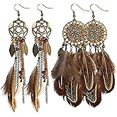 2 Pairs Brown Dream Catcher Feather Earrings for Women Handmade Bohemian Vintage Tassel Drop Dangle Earrings Handmade Natural Feather Jewelry