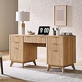 T4TREAM Fluted Executive Desk with Drawers, 60" Modern Home Office Computer Desk with Charging Station, File Cabinet, Keyboard Tray and Storage Cabinet for Study, Living Room, Bedroom, Natural Oak
