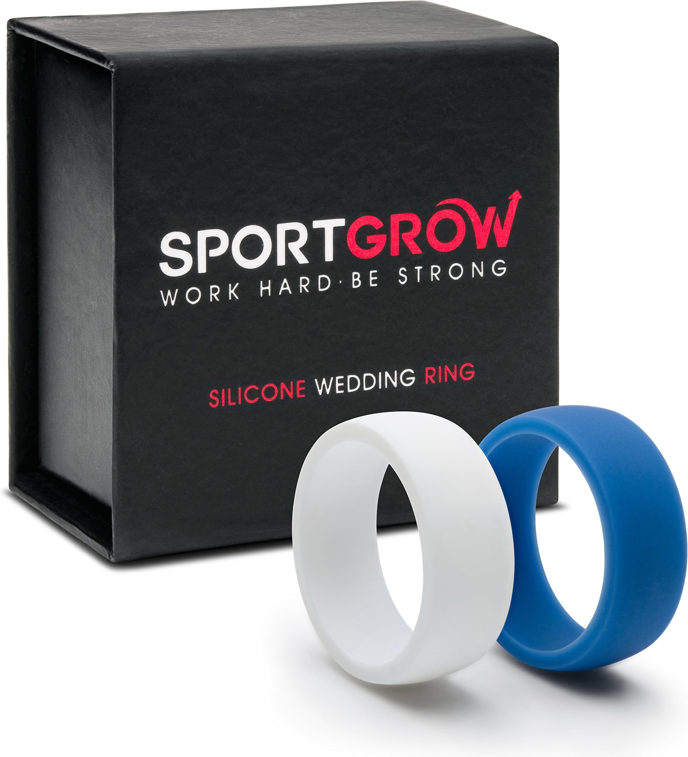 Silicone Wedding Ring Silicone Wedding Band for Men Rubber Wedding Rings 2 Rings Pack (Black+Grey, Blue+White) Thin (2 mm), Premium Gift Box, for Hard-Working and Active People
