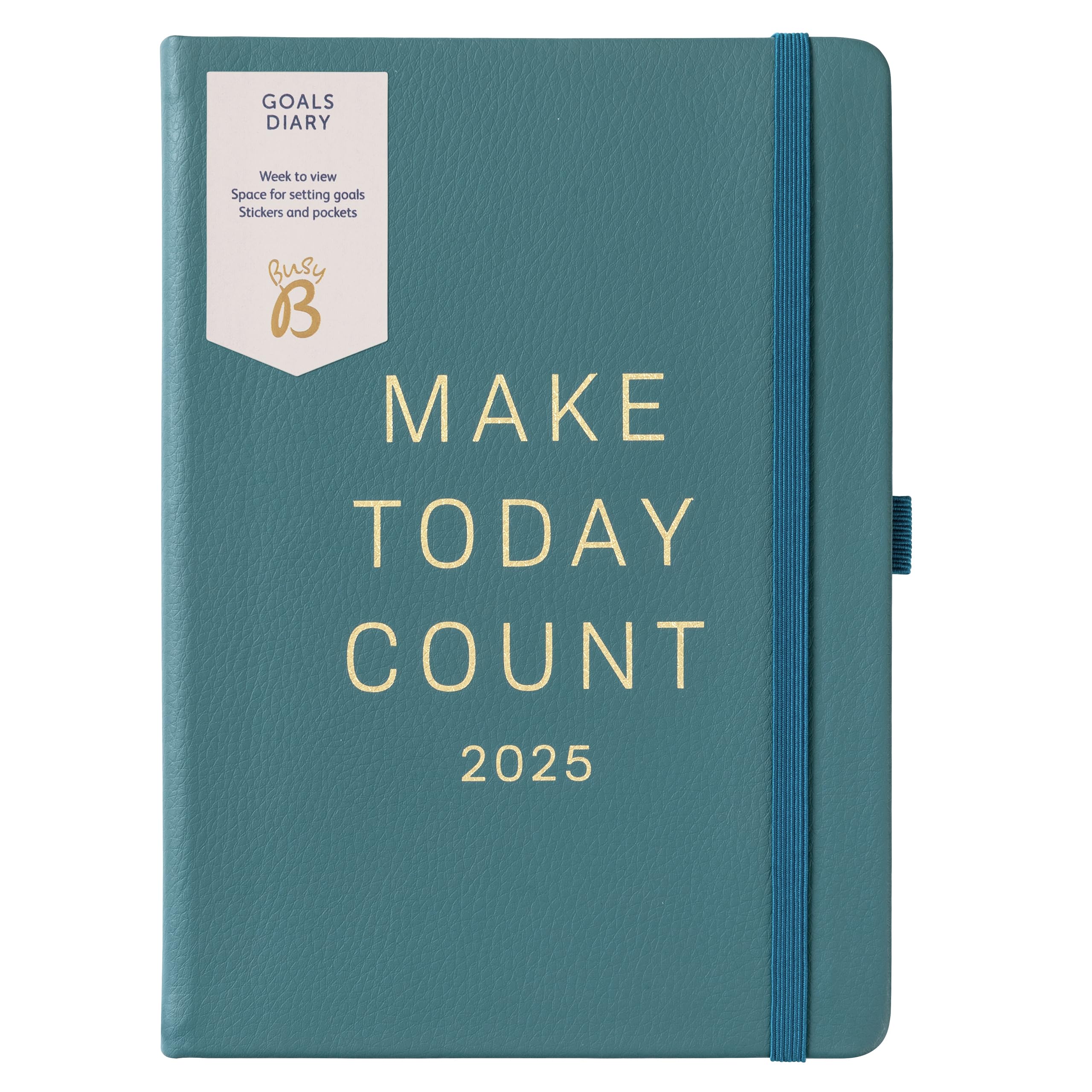 Busy B 2025 Diary Weekly Goals Planner - A5 Pine with Elastic Band - Week to View Daily Life Organiser - Monthly Overview, Inspirational Quotes & Stickers - Compact 2025 Diary for Productivity