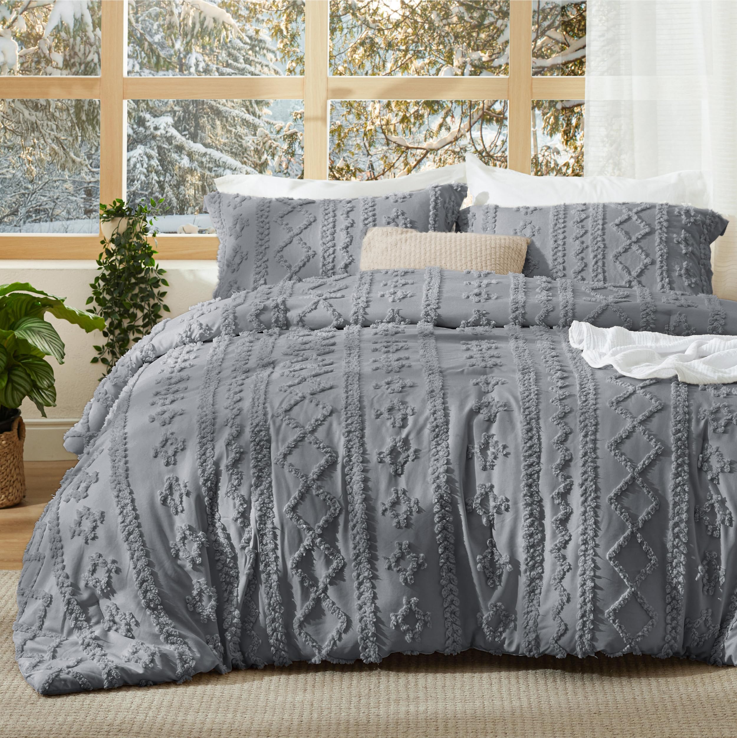 Photo 1 of Bedsure Tufted Boho Comforter Set King Size - Grey Boho Bed Set, GentleSoft™ 3 Pieces Farmhouse Shabby Chic Embroidery Bedding, Gifts for Woman, Soft Jacquard King Comforter for All Seasons