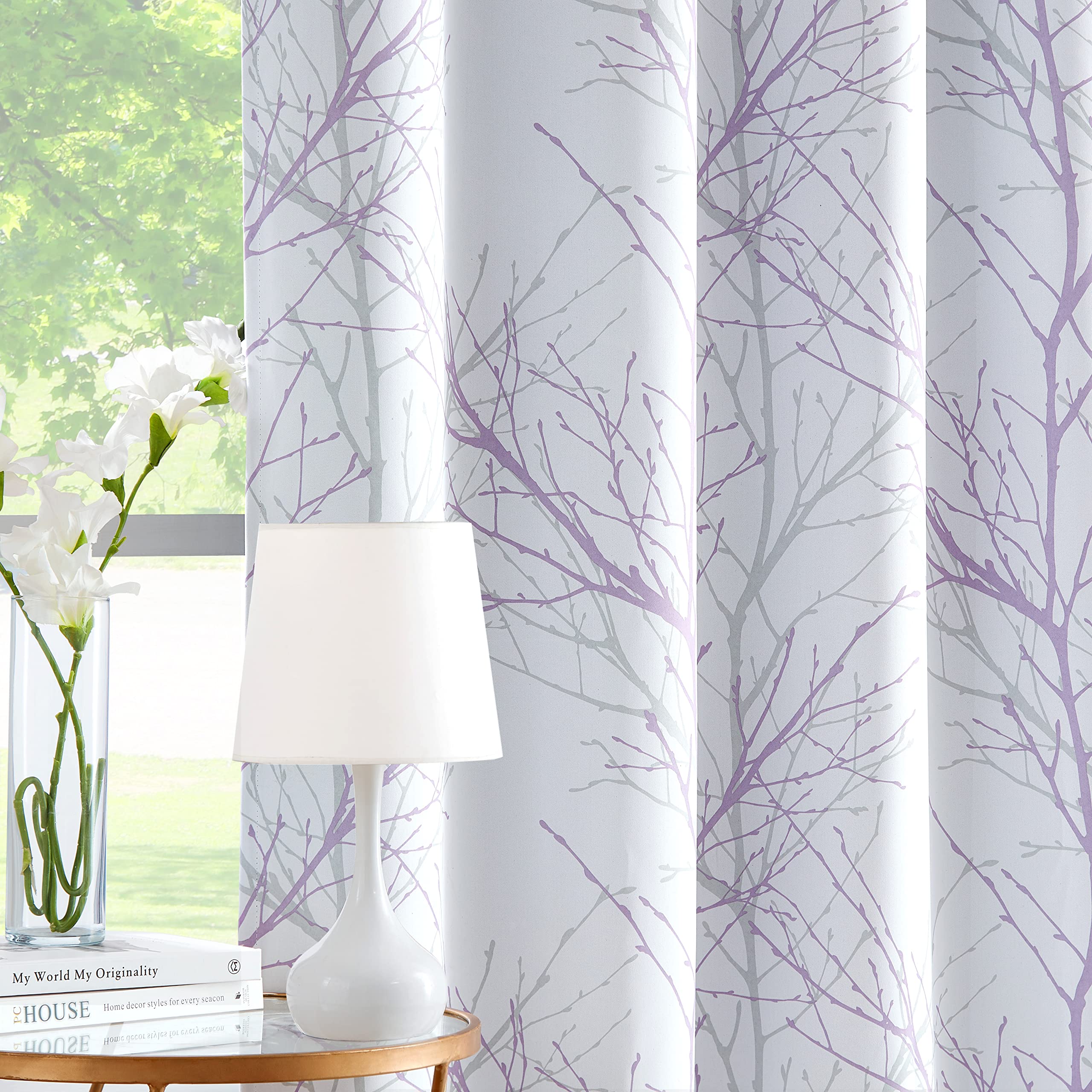 Fmfunctex Blackout Thermal Curtains for Bedroom 72 Inch Drop Lilac White Eyelet Curtains for Living Room Branch Print Room Darkening Energy Saving Window Curtain Drapes 2 Panels