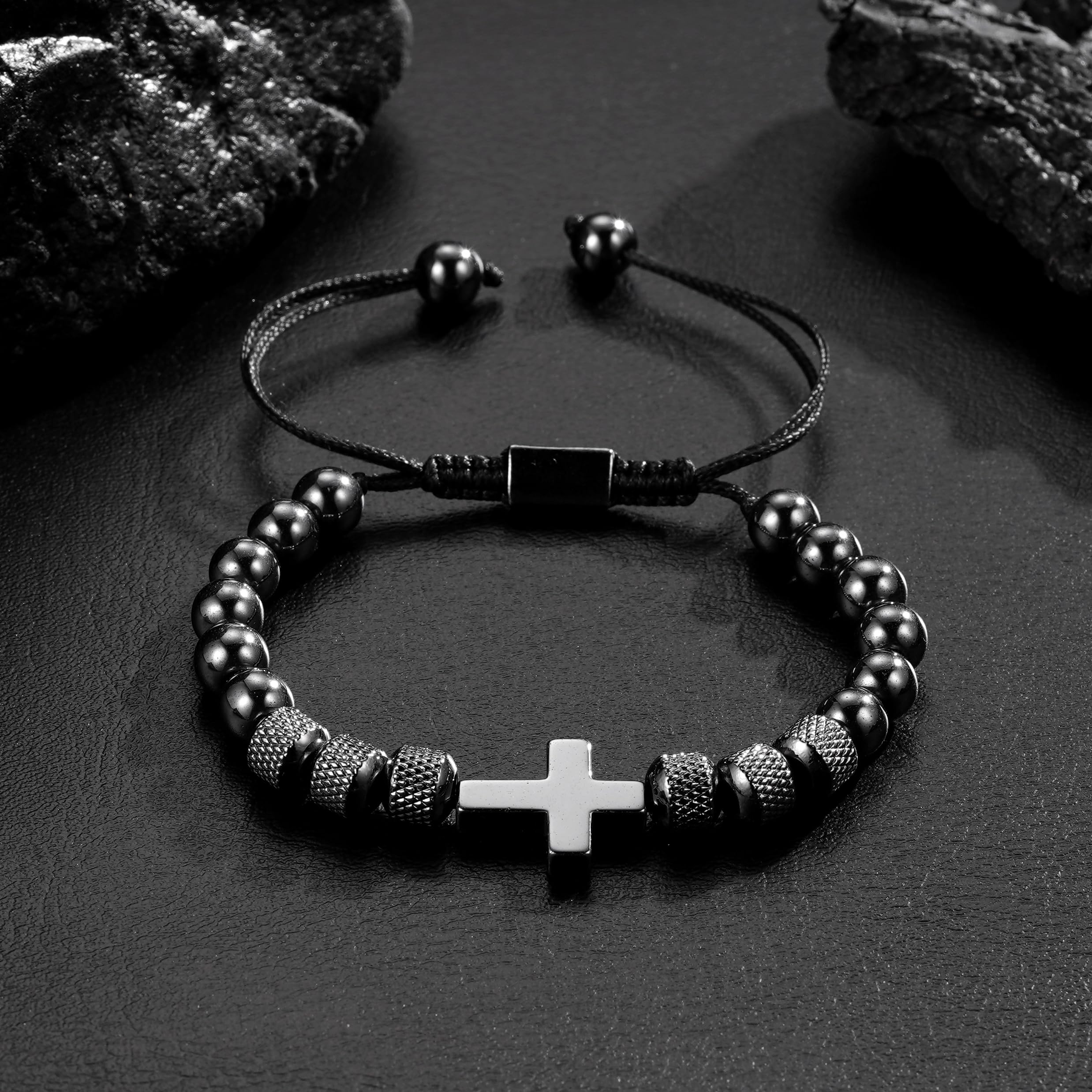 VULETO Cross Bracelet Gifts for Boys Men, Adjustable Obsidian Beads Bracelet Christian Religious Bapstim Jewelry Gifts for Son Grandson Teenage Teen Boys