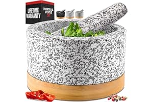 Heavy Duty Mortar and Pestle Set with Bamboo Base, Extra Large 4 Cups, 100% Natural Granite Mortar and Pestle Small Stone Gri